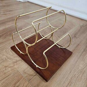 Short Stories 3-Bottle Gold Metal & Wood Countertop Wine Rack – Like New
